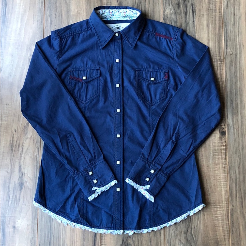 New Barn Fly Trading Blue Collared Shirt Large